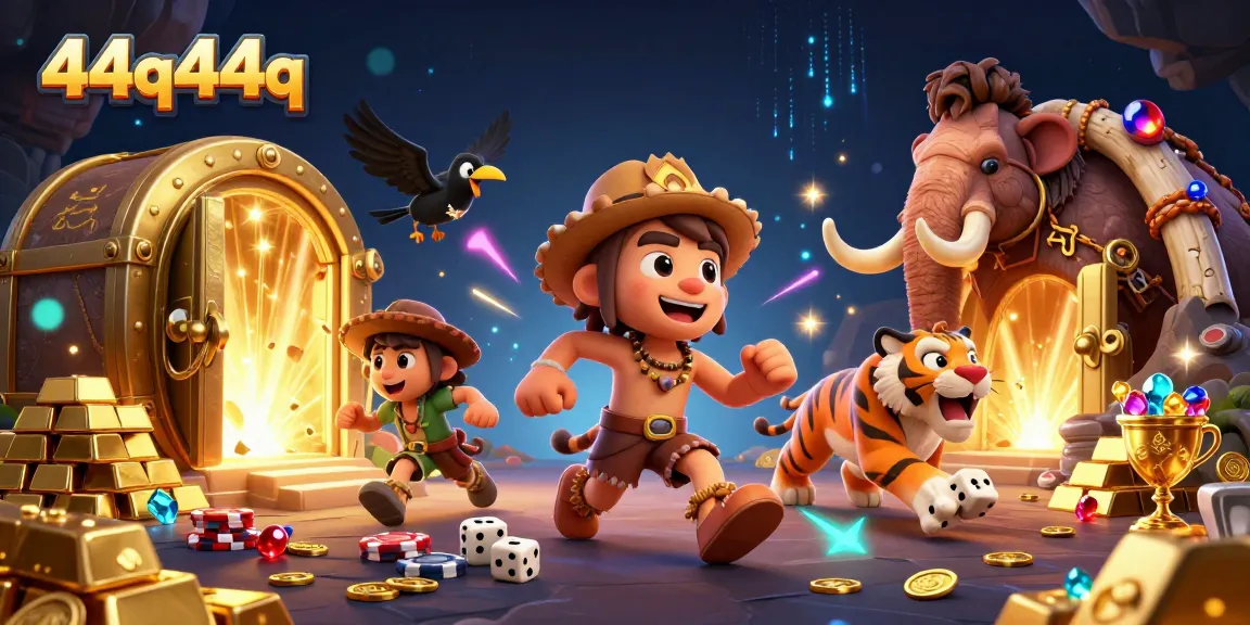 Ilustração 3D de um cassino pré-histórico com 44q44q destacando personagens animados e tesouros brilhantes.
