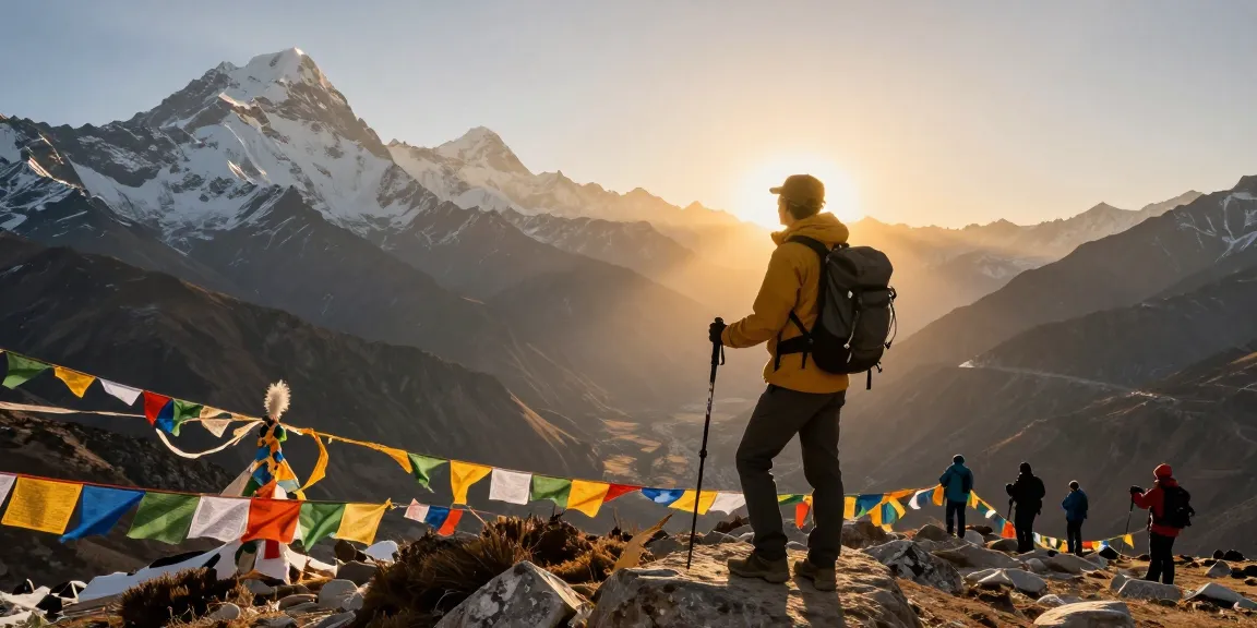 Stunning view of the Manaslu Circuit Trek with a traveler at a mountain pass.