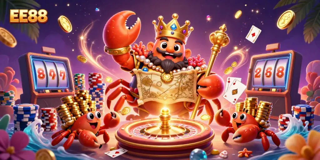 Engage with EE88's magical casino world featuring a royal crab emperor amid vibrant casino elements.