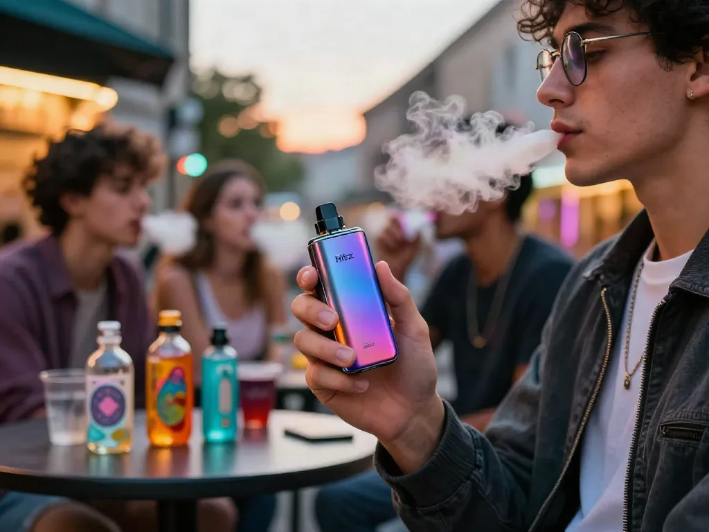 Vibrant urban gathering with Hitz infinity Gen 7 vape, showcasing stylish flavors and social enjoyment.