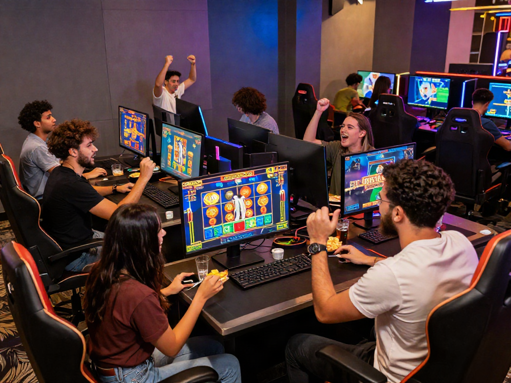 Group of friends enjoying bandar slot gaming together in a modern casino setup with exciting visuals.