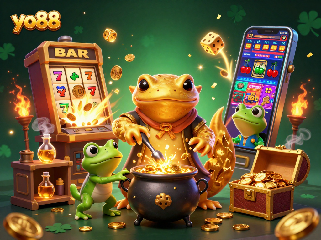 Join the excitement at yo88 with a vibrant 3D casino scene full of golden treasures and gaming action.