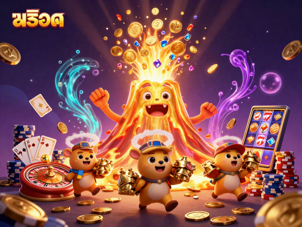 Experience thrilling สล็อต gameplay as golden coins and gems erupt from a triumphant volcano in this dynamic casino scene.