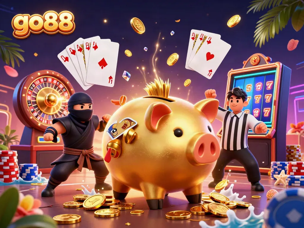 Experience the excitement of go88 with dynamic gameplay featuring a golden piggy bank and gaming elements.