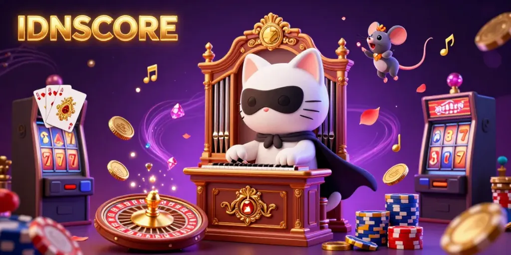 Experience the excitement of IDNSCORE with a vibrant 3D casino scene showcasing a phantom cat and stunning game elements.