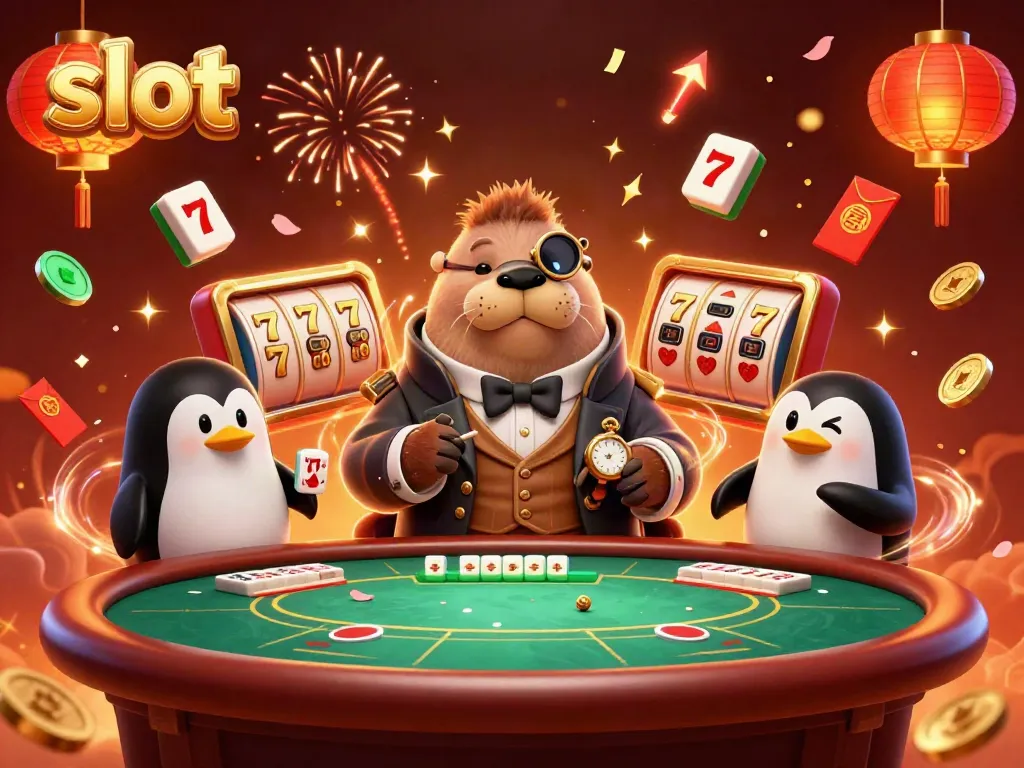 Slot dengan karakter walrus gembira, dealer penguin, dan ikan puff di meja poker bawah laut.
