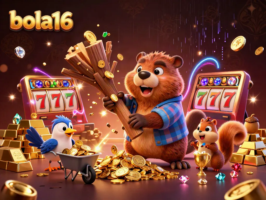 Experience the excitement of bola16 with this lively scene featuring animated characters amidst slot gaming elements.