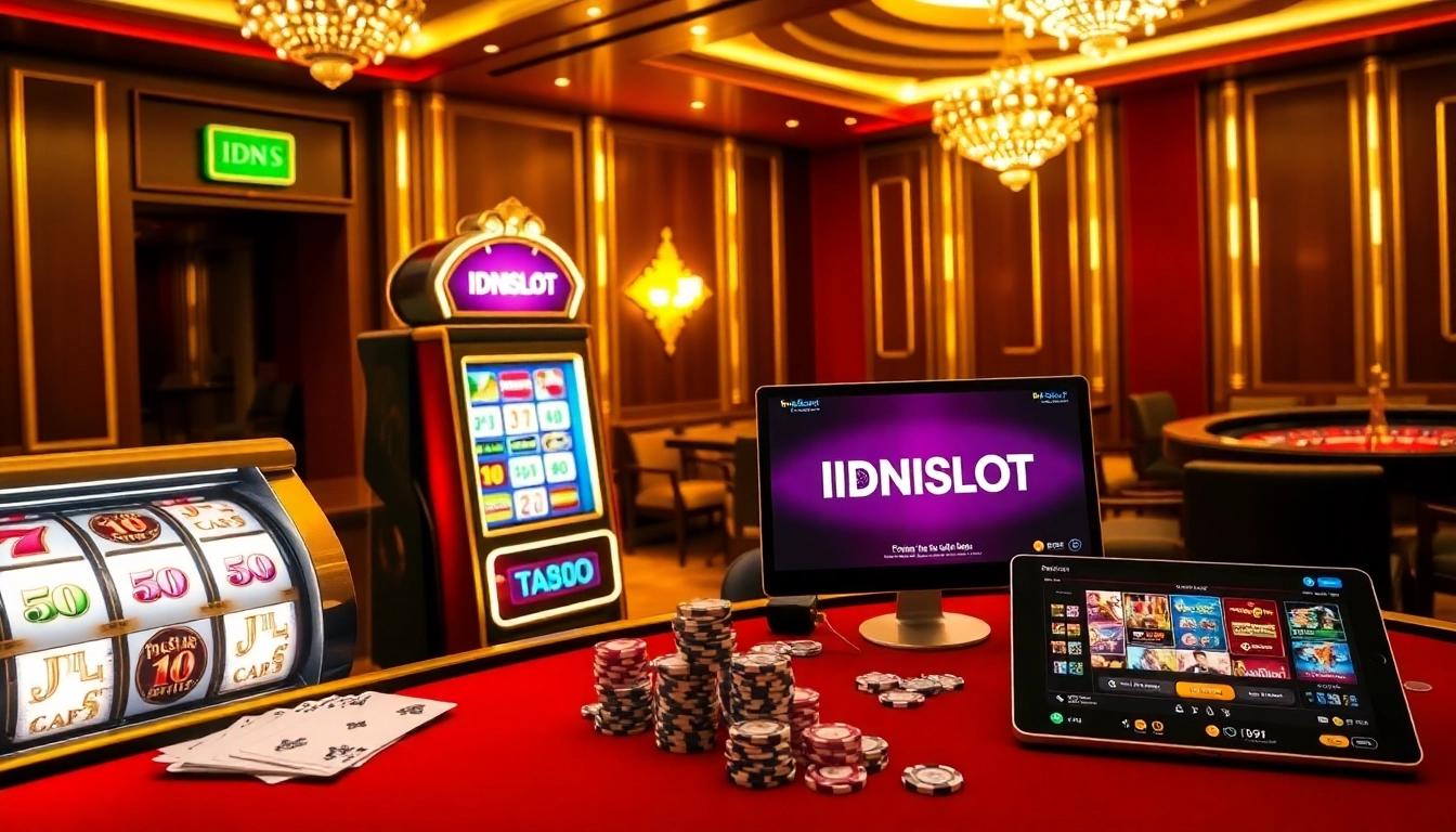 IDNSLOT gaming area featuring vibrant slot machines and poker tables, capturing excitement and luxury.