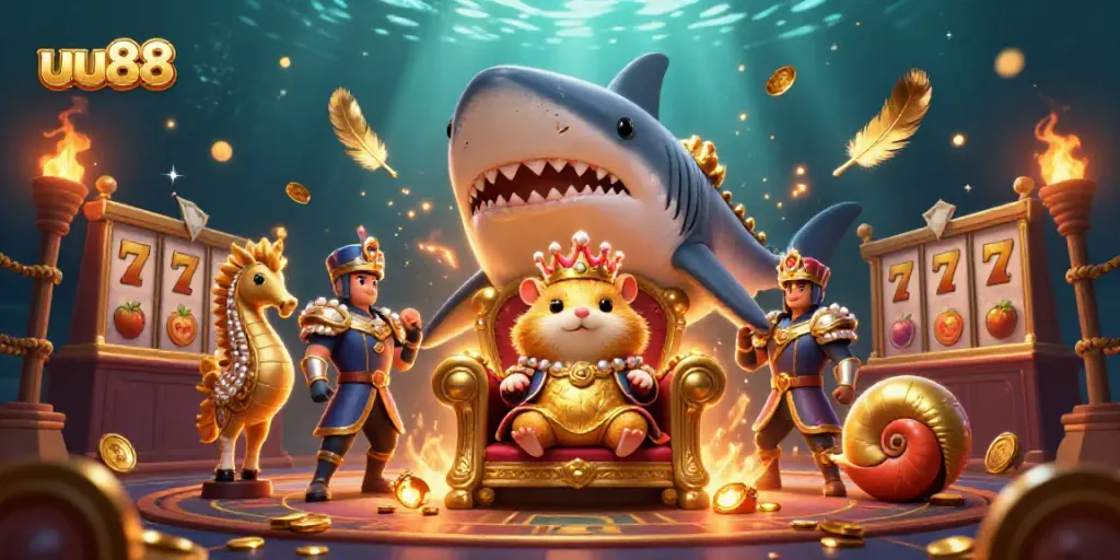 Engage with the vibrant uu88 casino world featuring a golden hamster king surrounded by gaming elements.