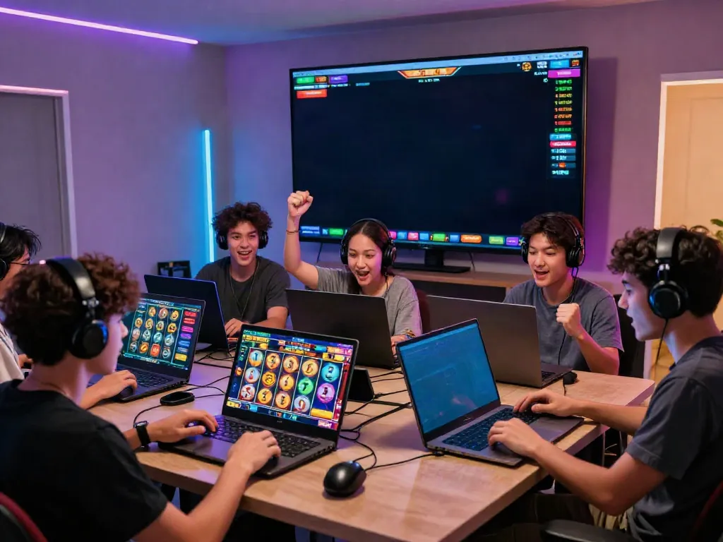 Exciting slot Thailand gaming scene with players using multiple devices in a vibrant atmosphere.
