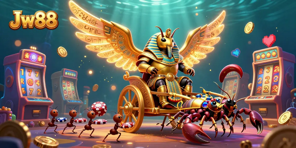 Experience excitement at Jw88 with vibrant slot machines and a golden scarab beetle scene.