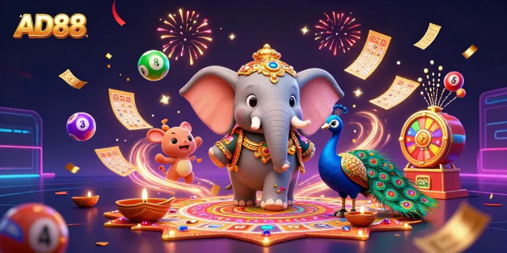 Engage in the vibrant world of AD88 with a festive elephant, peacock, lottery elements, and dynamic casino visuals.