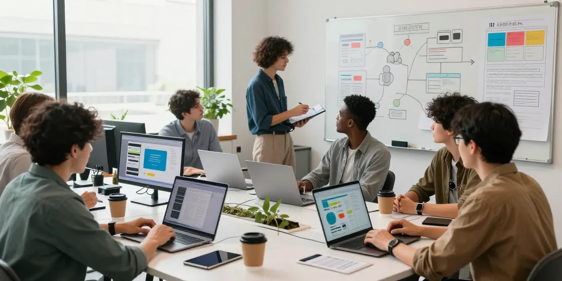 Team collaborating on mvp development service in a vibrant software workspace with design prototypes and brainstorming elements.