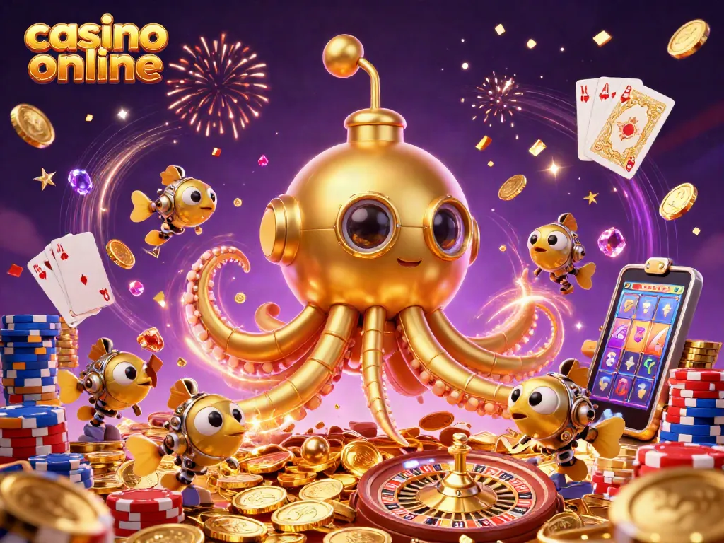 Juega en casino online mientras el kraken dorado emerge entre monedas brillantes y cartas de póker.