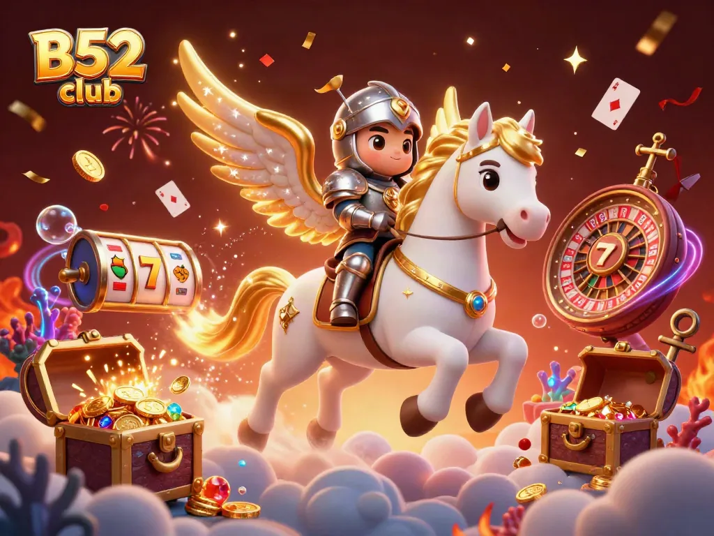 B52 club promotional illustration showcasing a knight on a celestial horse amidst casino elements like gold coins and slot reels.