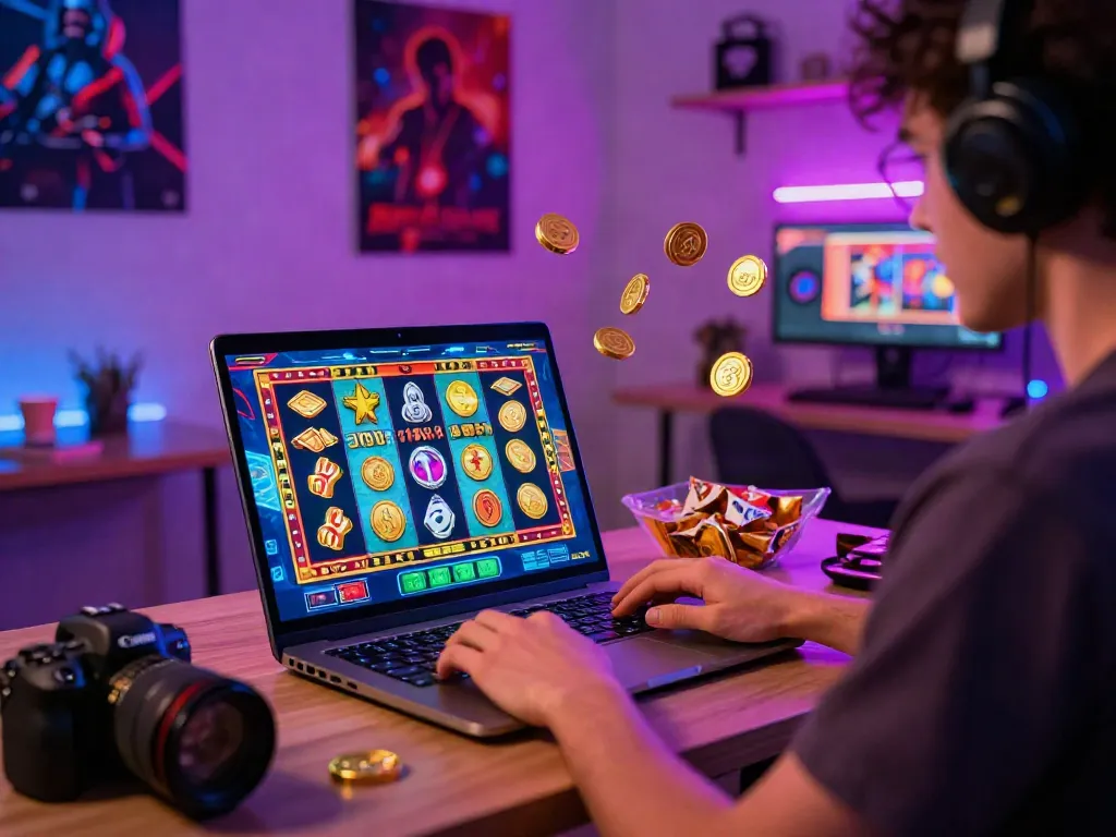 Player immersed in slot game on laptop, colorful graphics and coins visible, energetic gaming atmosphere.