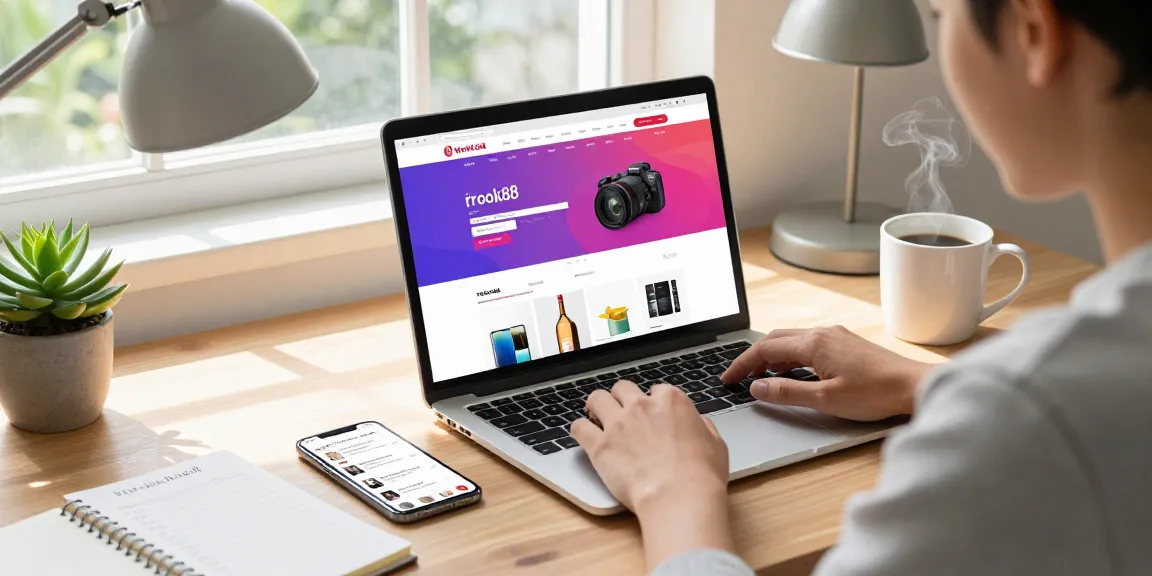 User exploring the rokok88 e-commerce platform in a modern home office with vibrant products displayed on the laptop.