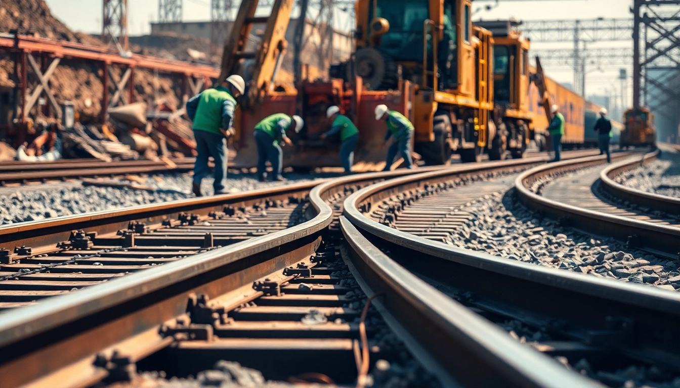 Railroad Contractors working diligently on a construction site, assembling tracks and operating machinery.