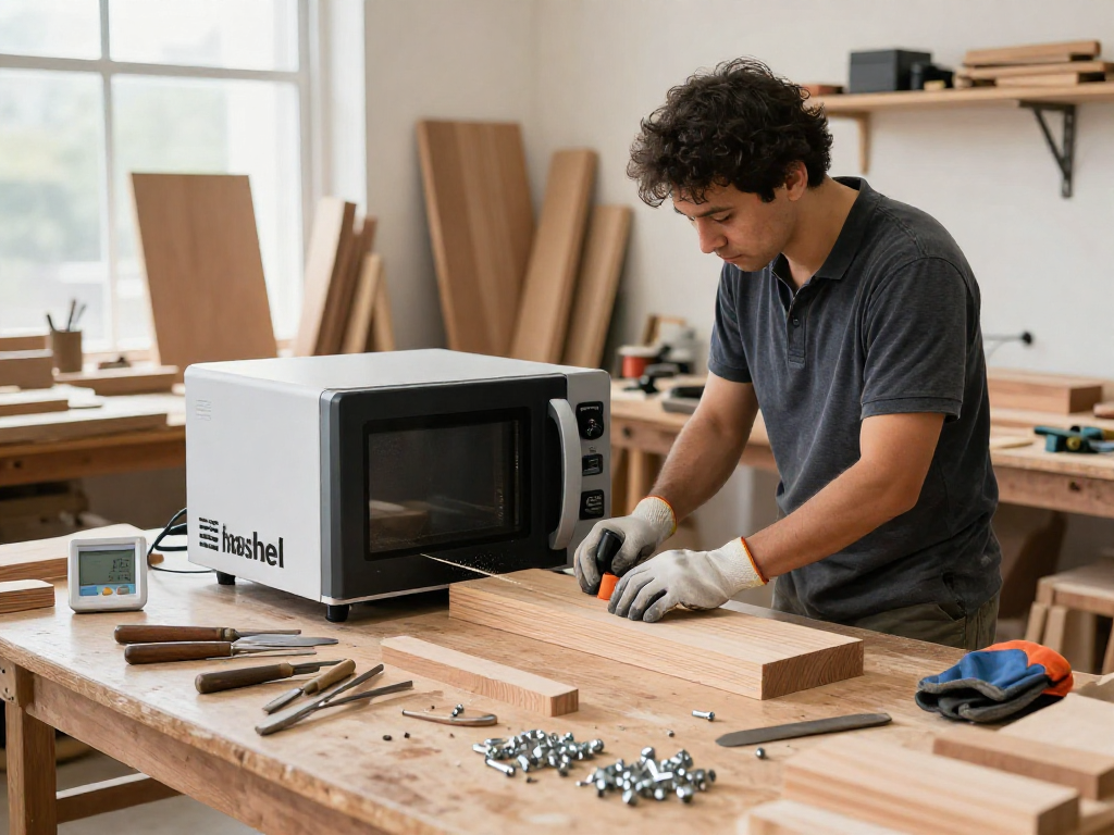 Technician using Shashel microwave equipment to treat wood in a modern workshop with tools and materials visible.