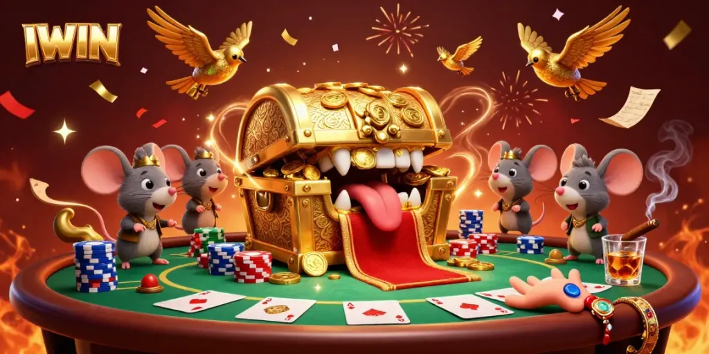 IWIN fiercely battles at a poker table surrounded by dazzling treasures and celebratory confetti.
