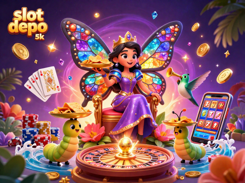 Experience fortune and fun with slot depo 5k in this vibrant 3D casino illustration featuring lively characters.