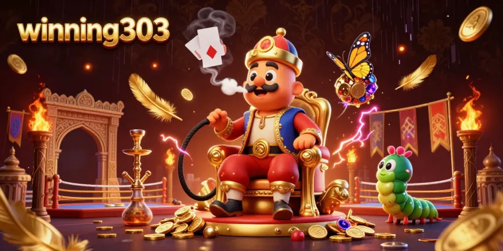Winning303 entertains with vibrant gaming elements, showcasing a caterpillar in a sultan outfit amidst dynamic casino symbols.