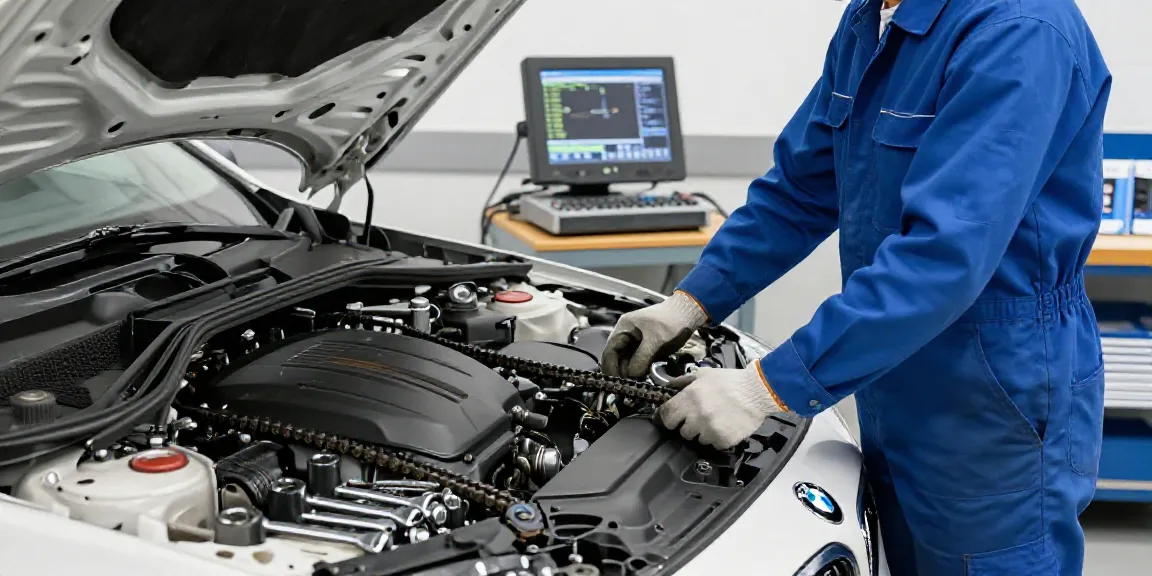 Mechanic inspecting BMW engine for bmw steuerkette wechseln in a professional workshop