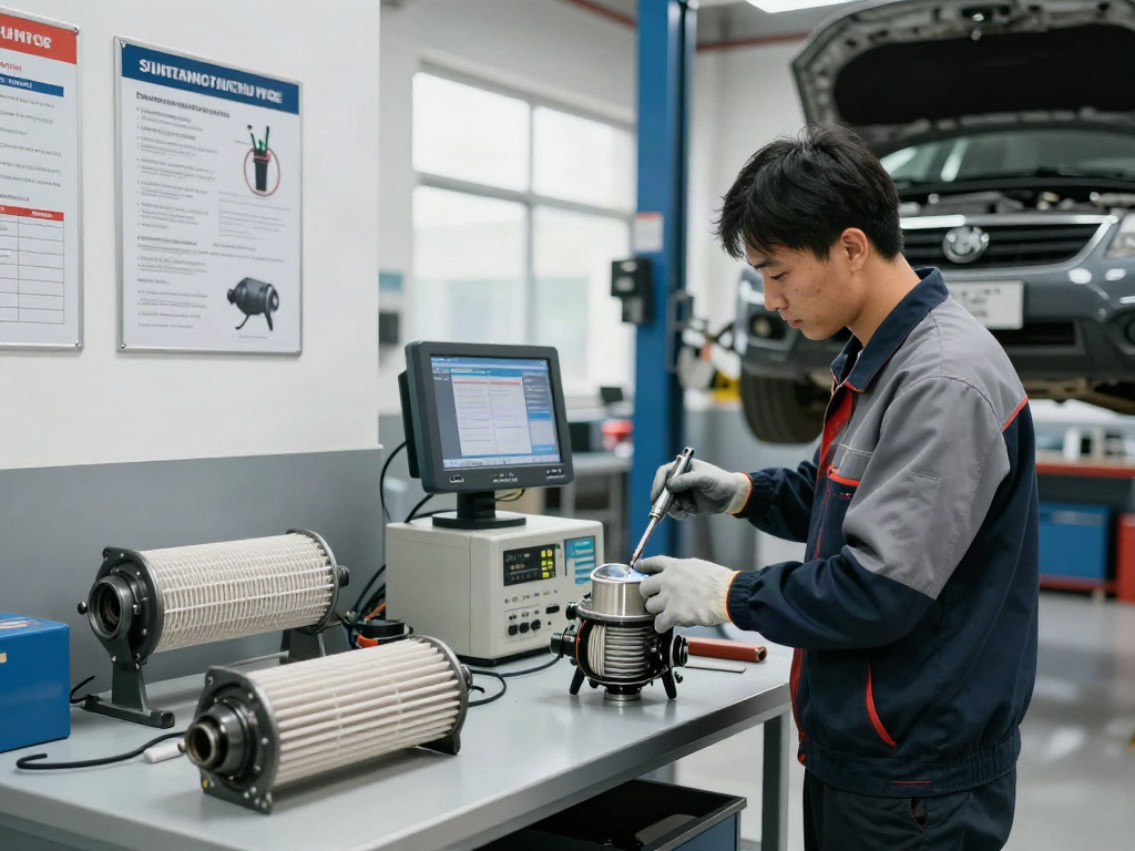 Professionelle DPF Reinigung in Hannover, Mechaniker inspiziert Dieselpartikelfilter in der Werkstatt.