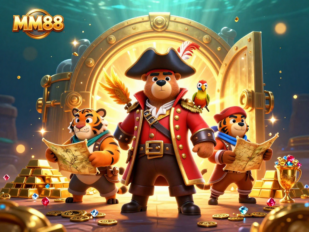 Engage in adventurous gaming with MM88 featuring pirate-themed 3D characters and treasure.