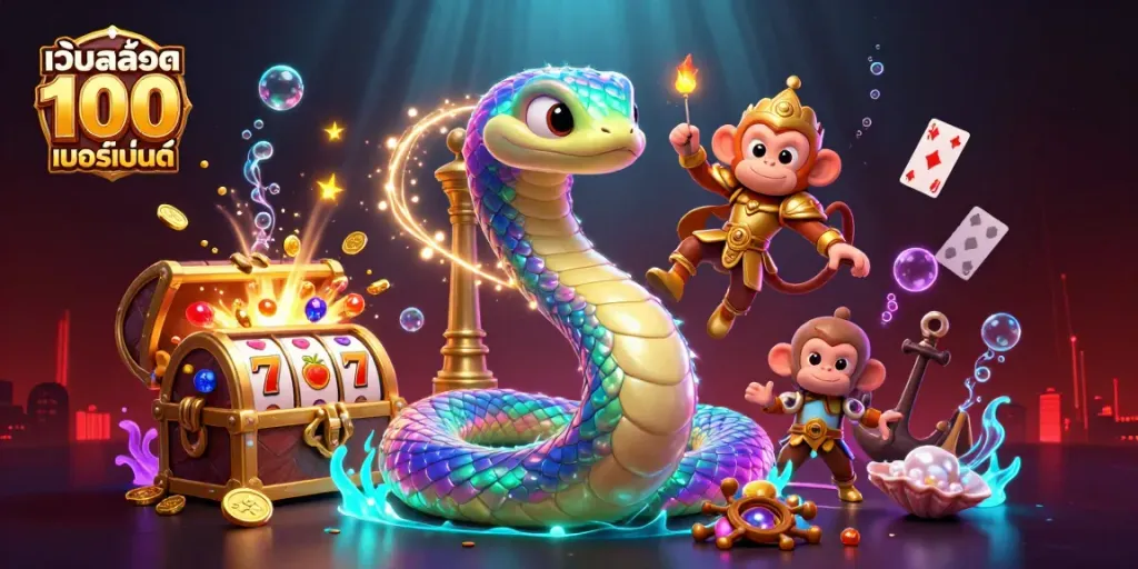 ภาพ 3D สีสันสดใสของเว็บสล็อต แท้ 100 เปอร์เซ็นต์ แสดงเซอร์เพนต์ที่มีเกล็ดสีรุ้งและสล็อตแมชชีนที่เต็มไปด้วยเงิน