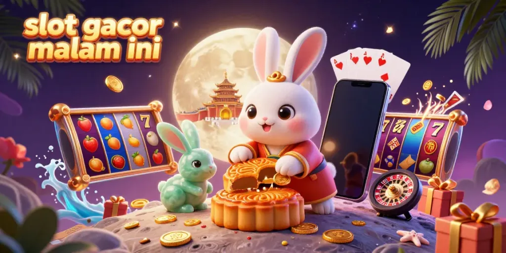 Slot gacor malam ini dengan kelinci bulan 3D dan elemen perjudian berkilau.