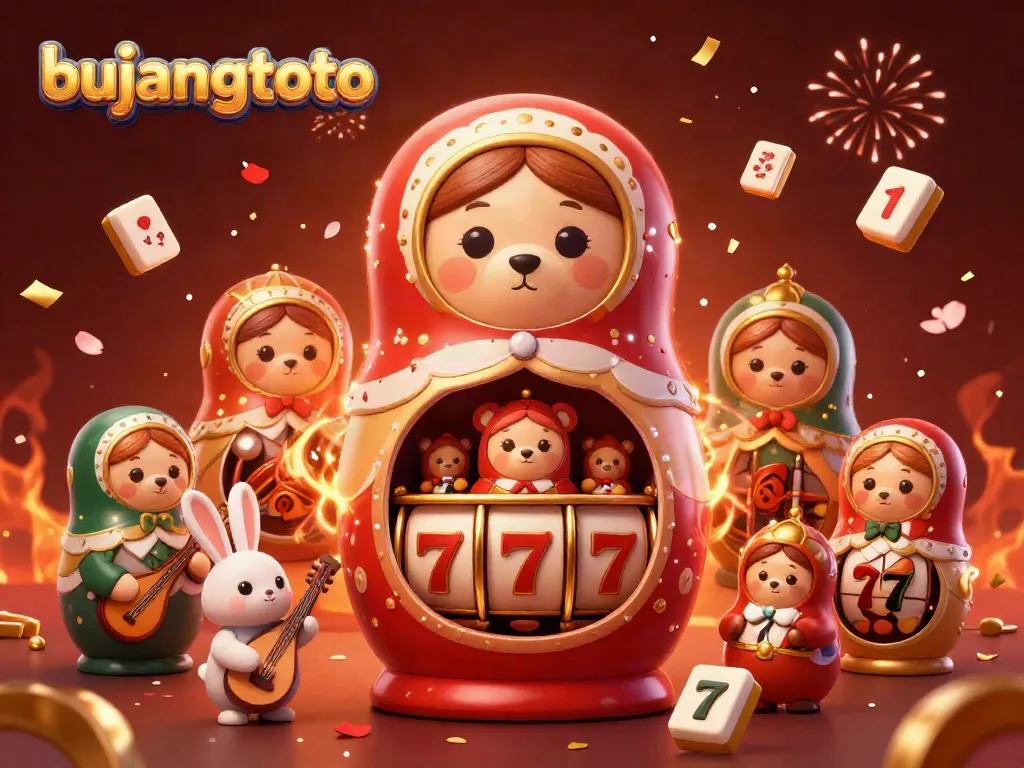 Bujangtoto themed illustration showcasing a Matryoshka bear family amidst casino elements celebrating luck and fortune.