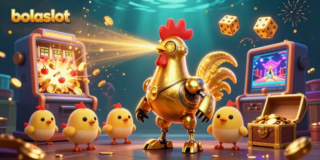 Experience the excitement of bolaslot with a golden rooster shooting lasers amidst a jackpot explosion and colorful casino elements.