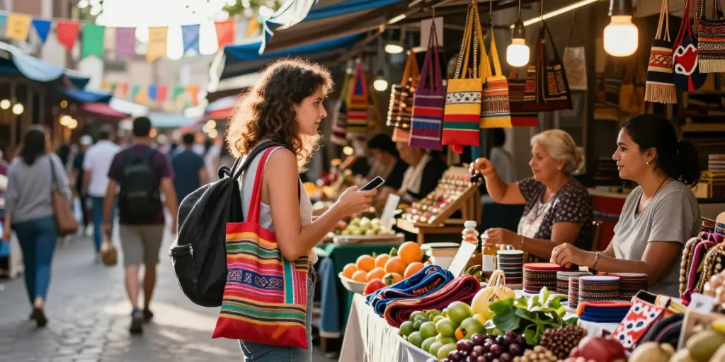 Engaging local market scene featuring a traveler exploring culture with a tour and travel agency vibe.