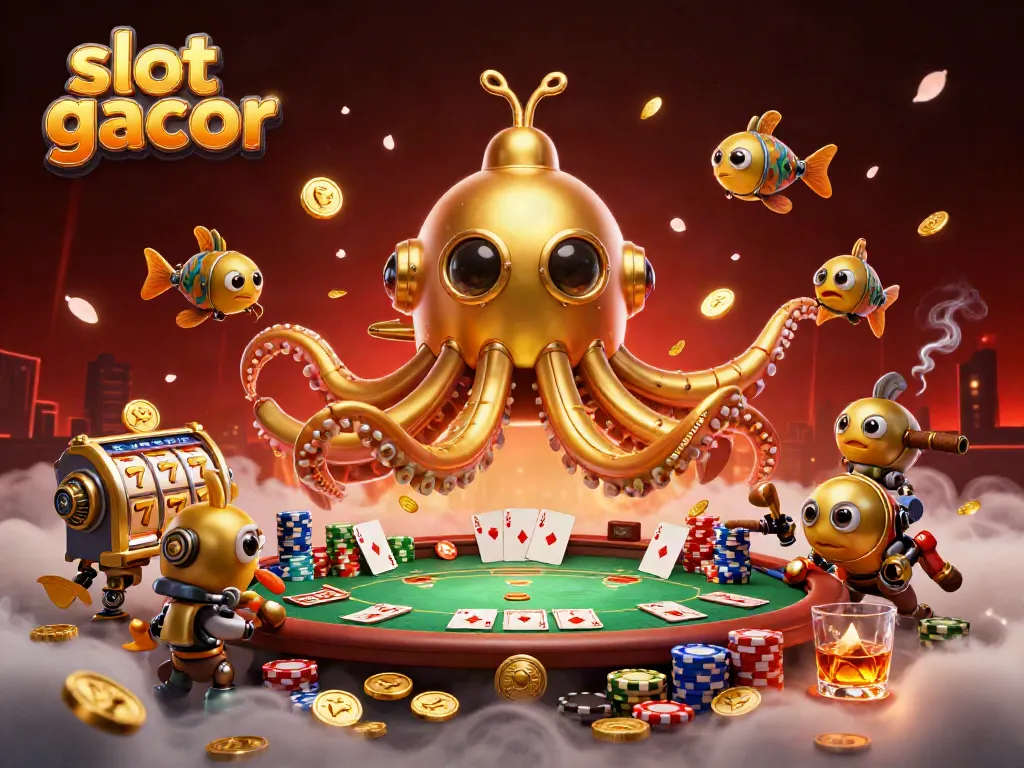 Menghasilkan slot gacor dalam gambar berwarna cerah dengan kraken emas dan koin berkilauan.