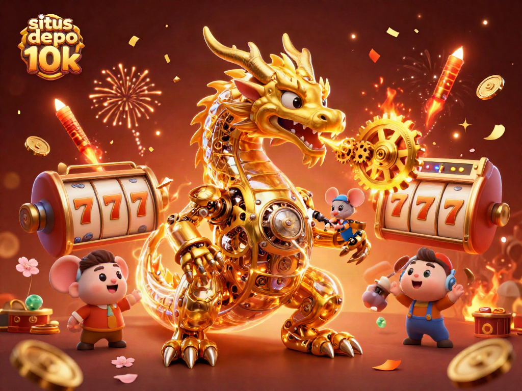 situs depo 10k showcases spinning slot reels amidst a golden dragon and vibrant casino elements