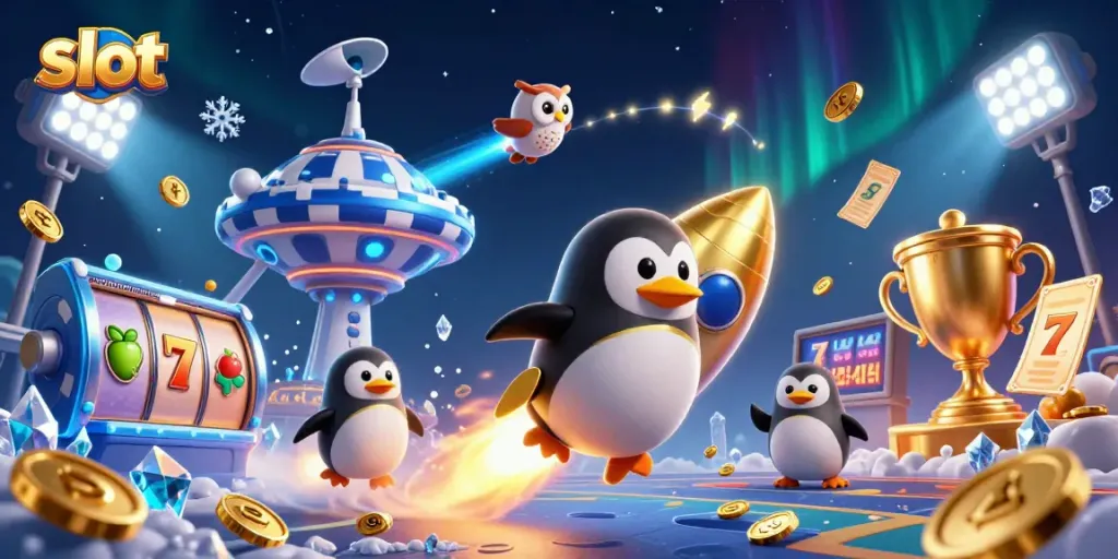 Spin the slot reels with excitement as the golden penguin blasts through a vibrant casino atmosphere.