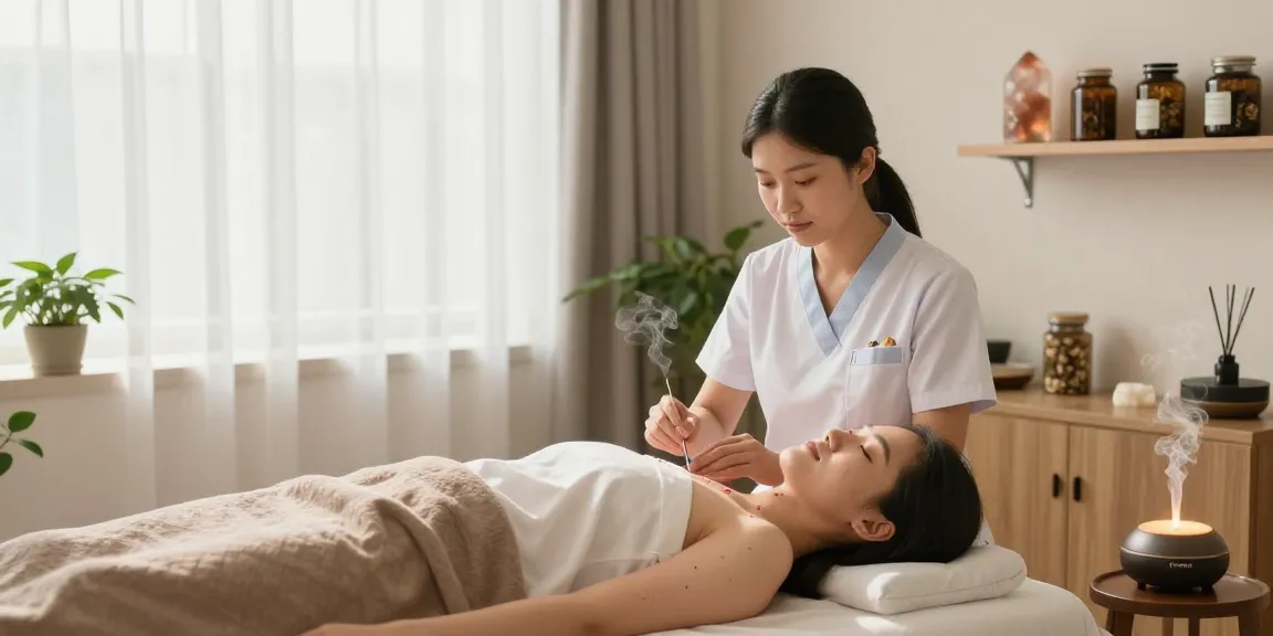Healing acupuncture session at 영통한의원 with a relaxing atmosphere and natural light.