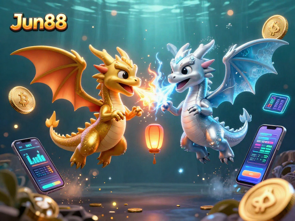 Engage with Jun88’s dynamic gaming universe featuring fiery and icy dragons in a vibrant casino scene.