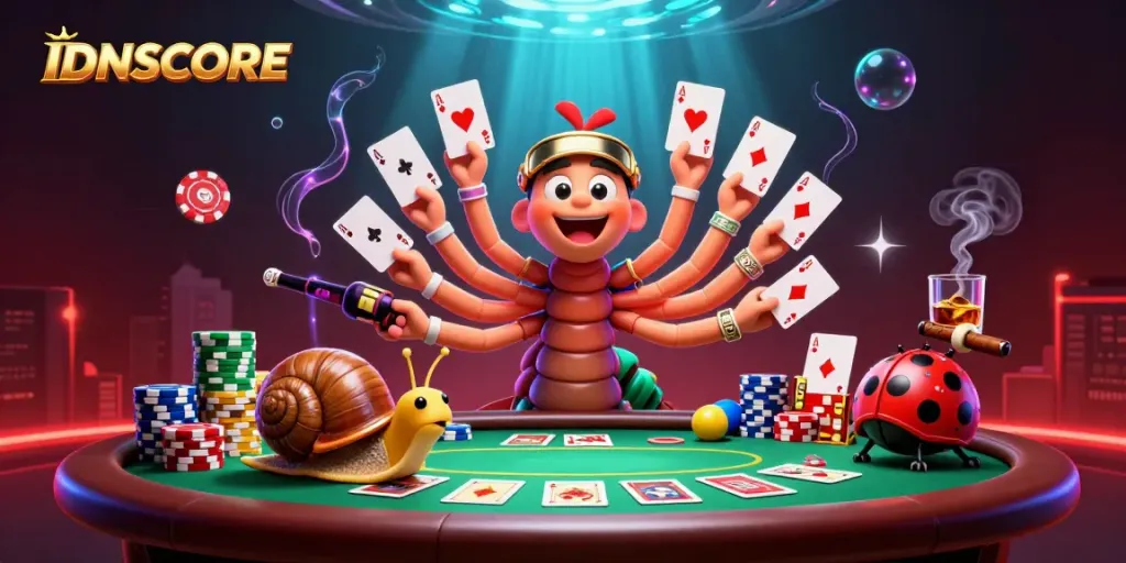 Engage in thrilling gameplay with IDNSCORE’s vibrant poker scene featuring dynamic characters and rich game elements.