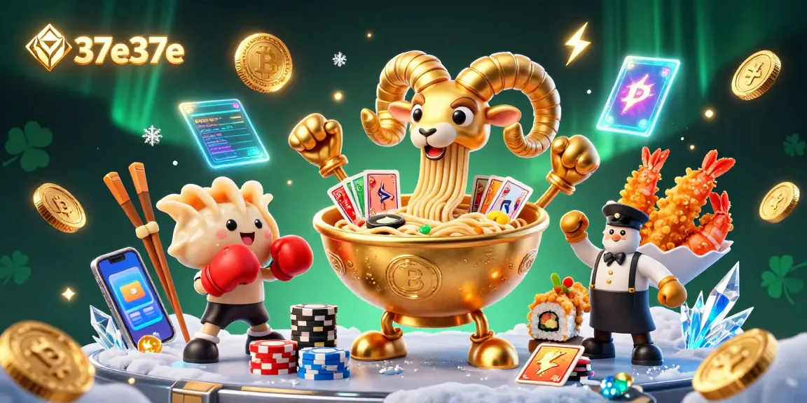 Engage with 37e37e’s vibrant casino scene featuring a golden ramen bowl dealer, crypto elements, and dynamic cheerleaders.