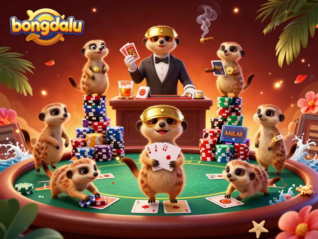Experience the excitement of bongdalu as meerkats orchestrate a lively casino scene with poker essentials and vibrant energy.
