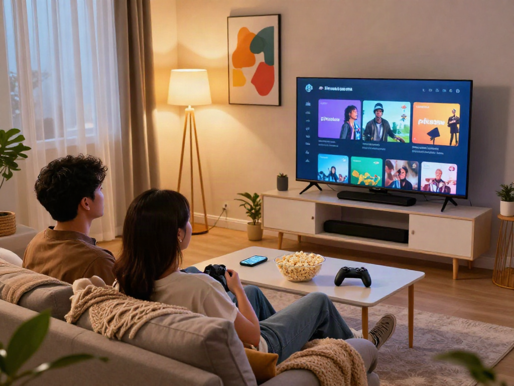 Couple enjoying Pikashow streaming experience in a cozy living room.