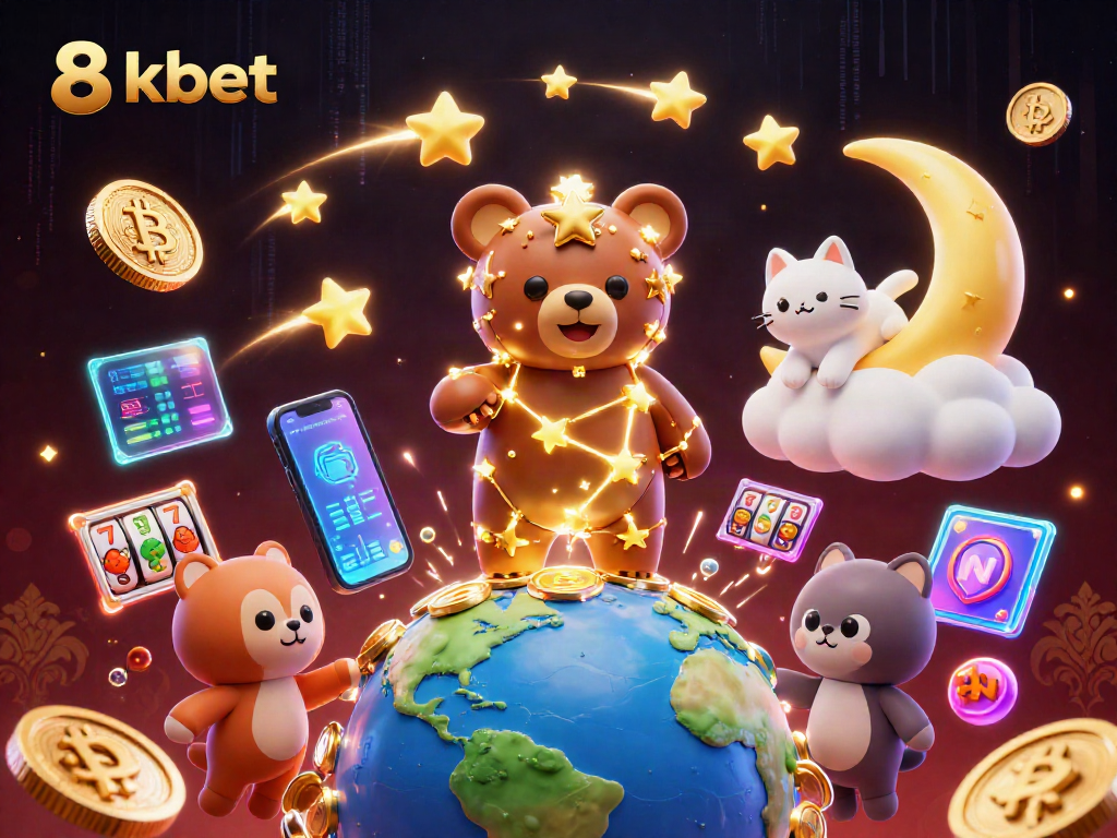 Experience fun and excitement with the 8kbet casino gaming scene featuring constellation bear and crypto coins.