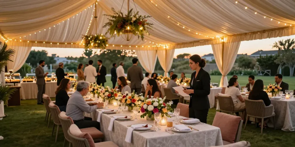 Event rentals showcasing elegant outdoor wedding setup with beautiful tent and decor.