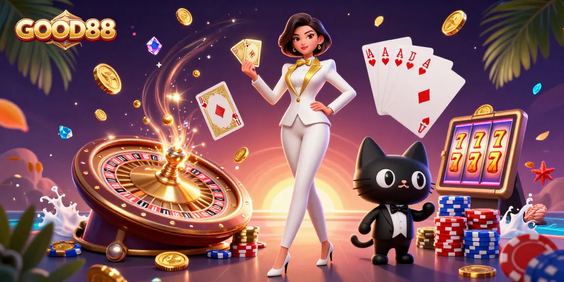 Experience the excitement of GOOD88 with a glamorous casino scene featuring cards and golden coins.