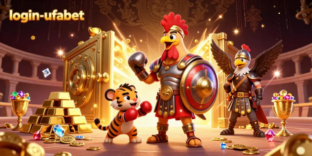 Engage in thrilling games with login-ufabet at the vibrant colosseum, featuring a rooster champion and treasure.