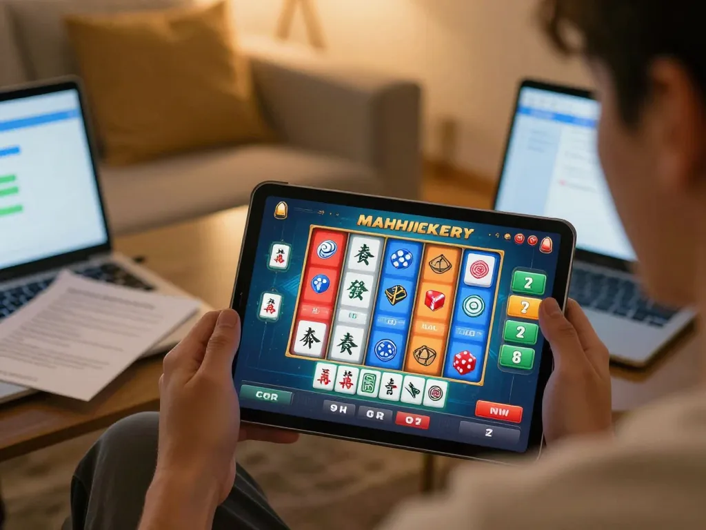 Engaging player exploring mahjong slot game on tablet in cozy home setting