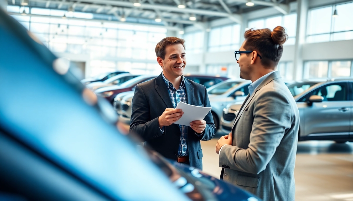 Buy a car at a dealership with a customer interacting happily with a representative.