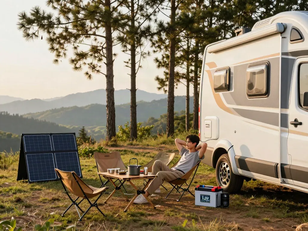 Person connecting a 12V lithium battery to an RV at a scenic campsite, showcasing outdoor adventure.
